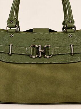 Franklin Covey Olive Green Leather Suede Satchel Bag Silver Horsebit Y2K